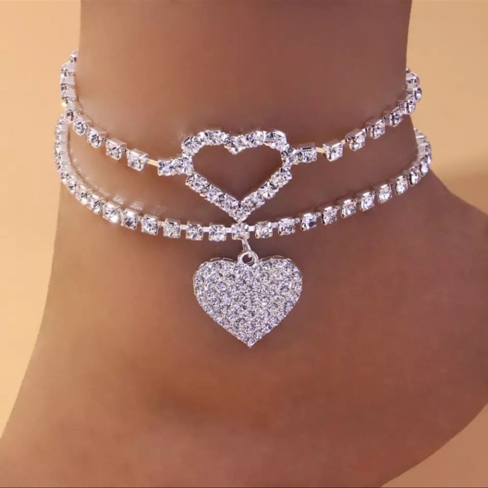 Heart anklet rhinestone open hallow diamond sparkly silver ankle bracelet y2k - Picture 3 of 5
